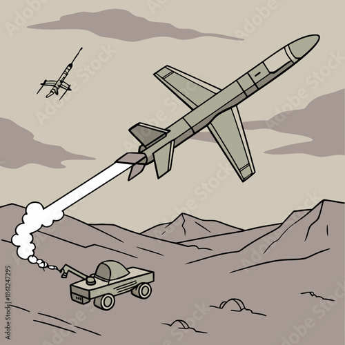 Ground based interceptor launching missile at uav drone