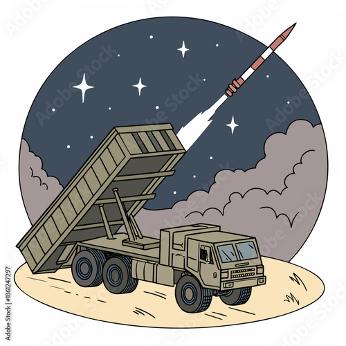 Military truck launching missile into starry night sky