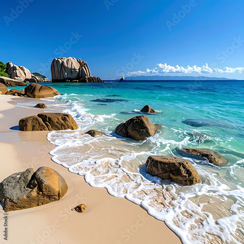Tropical beach view with smooth rocks, crystal water, and blue sky in a beautiful scenic view