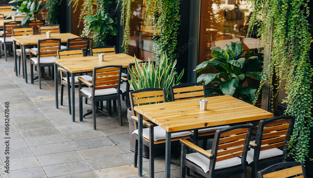 Fototapeta premium Photorealistic outdoor coffee shop design, wooden tables and chairs, green plants, natural daylight, cozy atmosphere, clean composition, copy space, ultra-detailed.