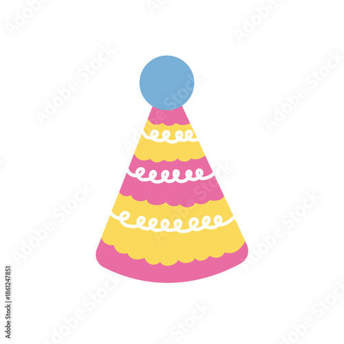 Pink and yellow striped party hat with curly white lines and blue pompom topper