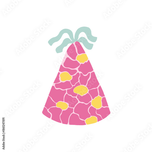 Hand drawn party hat illustration with pink giraffe pattern and ribbon topper isolated on white background
