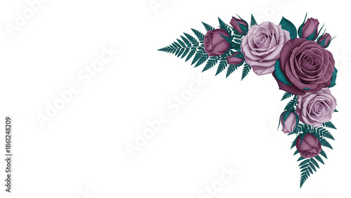 Minimal botanical corner element with roses and fern in deep teal and mauve isolated on white background