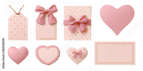 Elegant pink and gold gift tags, cards, and hearts with bows and delicate patterns, isolated on black Perfect for romantic celebrations, Valentines Day, weddings, or baby showers, conveying a sweet an