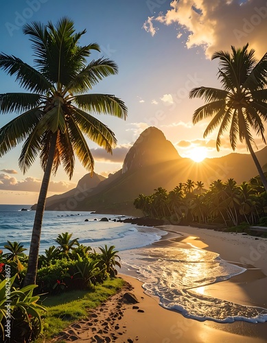 Tropical beach with palm trees, bright sunlight, and distant mountain peak at sunset; a dreamy, idyllic landscape