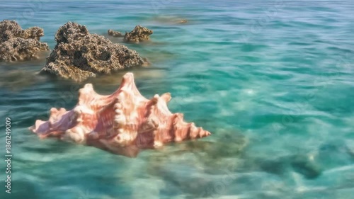A large, ornate shell floats on a clear turquoise ocean with rocks in the background