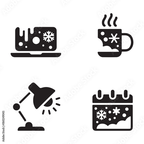Warm coffee break icon inside winter workspace routine