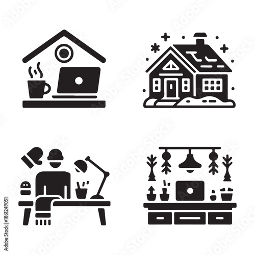 Minimal winter workspace icon set combining work and warmth