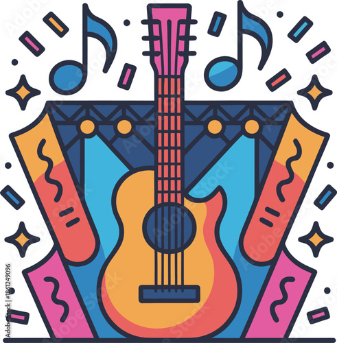 Vibrant Vector Guitar Icon with Music Notes and Stage Lights, Perfect for Music Festivals and Events