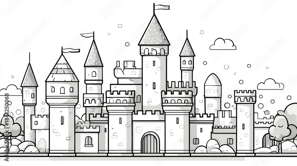 Fototapeta premium Ornate, detailed line drawing of a fairytale castle with many towers and flags