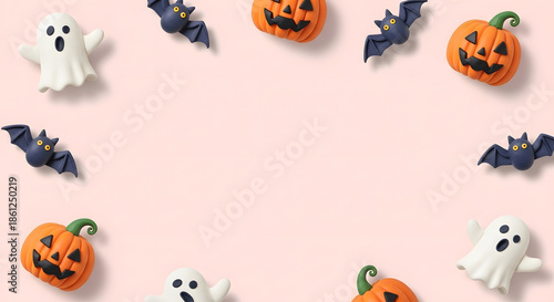 ハロウィンのかぼちゃとお化けとコウモリのかわいいクレイアートフレーム背景