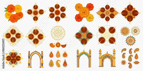 Diwali festival elements set with marigold flowers, oil lamps, arches, and paisley designs.