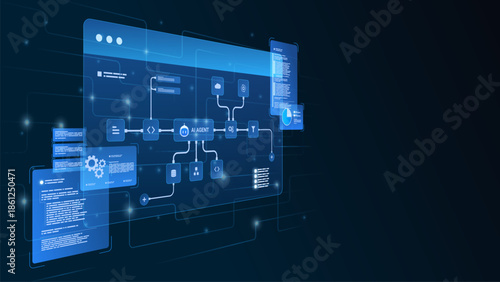 AI workflow automation artificial intelligence. ai agent network diagram dashboard machine learning showing user input, database, ai model and automation system.