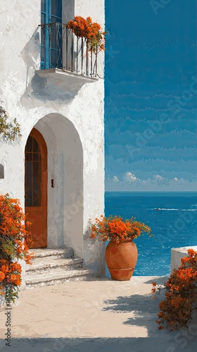 Mediterranean facade with orange flowers ocean view sunny day illustration