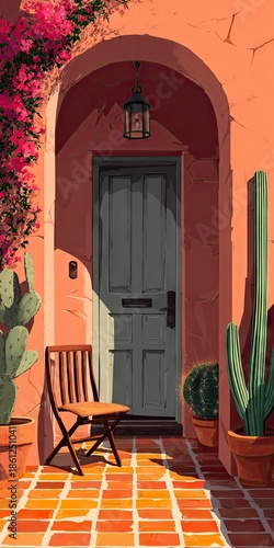 Mediterranean style entryway with door chair and cacti under bright sunlight