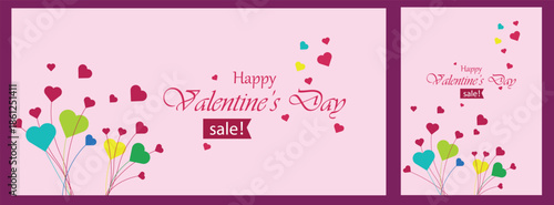 Romantic Valentine's Day sale banner and card set featuring colorful heart balloons and elegant typography. Vibrant floral-style heart design for February holiday retail and social media marketing.
