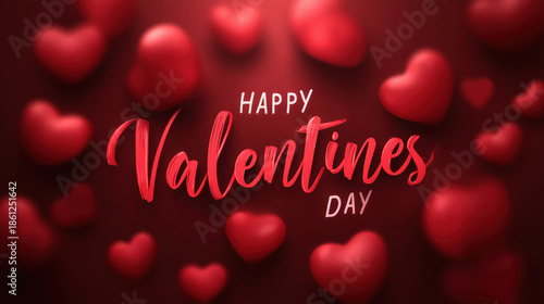 Happy Valentine Day card design featuring red hearts on dark background, conveying love and celebration