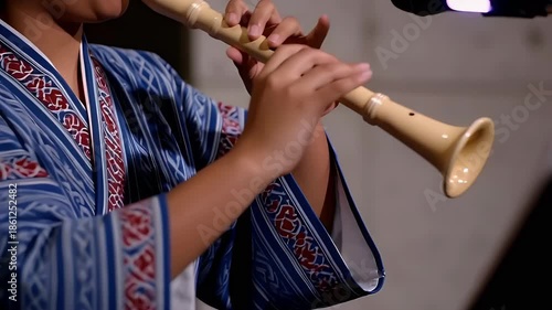 Person in traditional attire playing a wooden flute skillfully