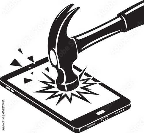 hammer smashing tablet screen digital detox concept vector