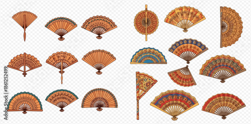 Set of decorative oriental hand fans with intricate patterns and various shapes, traditional accessories.