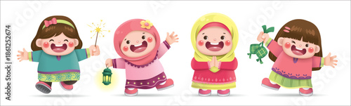 Collection of cute Muslim girls character design for Hari Raya Aidilfitri

