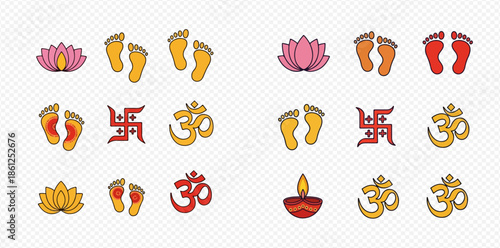 Hindu religious symbols set with lotus, footprints, Swastika, Om, and Diya icons.