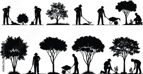 Gardening silhouettes planting trees, farmers working outdoors, landscaping activities, nature care concept, environmental conservation illustration set