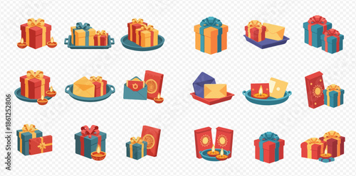 Set of festive gift boxes, envelopes, and candles for celebration and special occasions.