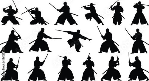 Samurai warrior silhouettes sword fighting poses, Japanese martial arts action, katana combat stances, black isolated historical illustration set