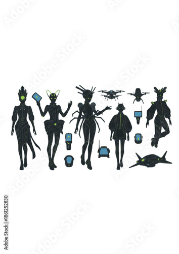 Aliencore Aesthetic Silhouette for Futuristic Fashion and Extra Celestial Space Exploration Gen Z Sci Fi Lifestyle Concept Vector Illustration