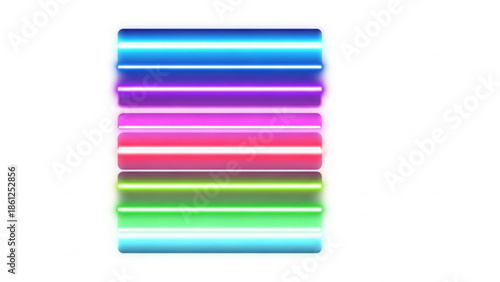 Collection of glowing neon light tubes in vibrant colors blue purple pink red green and cyan arranged vertically against a white background
