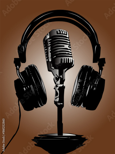 Retro microphone and headphones on a brown background. Vector illustration for your audiobook designs, websites, podcasts, and other music and audio related products.