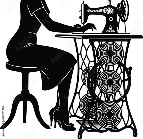 Vintage sewing machine silhouette, woman tailoring dress, classic fashion craft, retro needlework workshop illustration, black isolated design, vector art concept