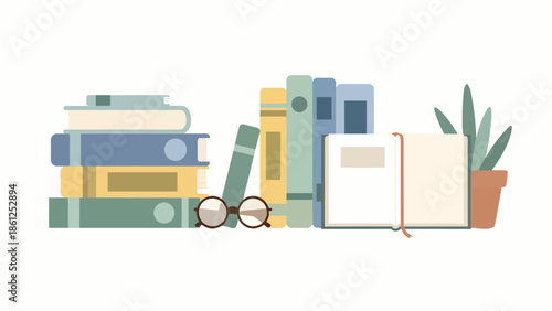 Cozy vector illustration of a stack of books, reading glasses, and a potted plant, symbolizing knowledge, learning, and the peaceful pursuit of literature