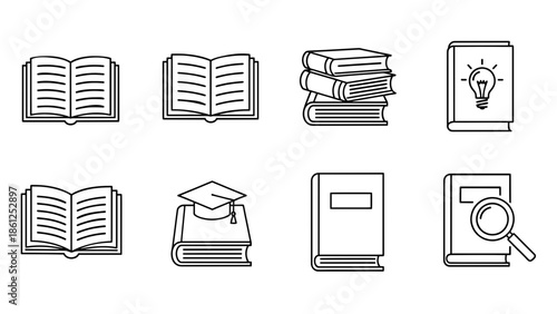 Collection of line art icons representing books, graduation caps, and a magnifying glass, symbolizing knowledge and learning