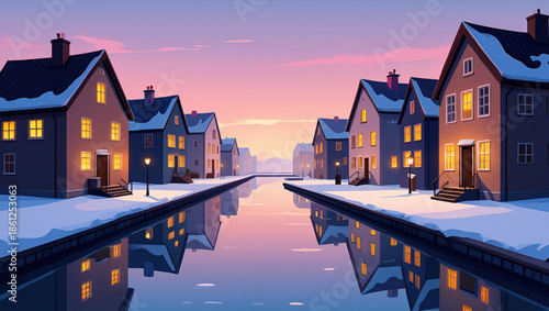 Cozy winter houses reflect in the tranquil canal under a beautiful pastel sunrise