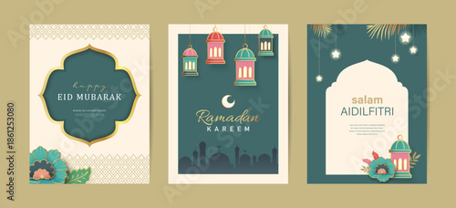 Set of Islamic festival poster background design with flowers, lanterns and frames, suitable for Ramadan Kareem , Hari Raya, Eid Mubarak, Eid al Adha.

