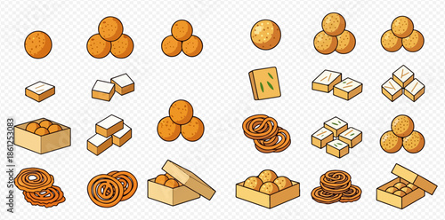 Set of traditional Indian sweets and snacks, including ladoo, barfi, and jalebi, in various arrangements and packaging.