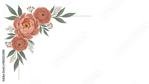 Minimal hand painted floral corner element featuring peonies and ranunculus in muted terracotta isolated on white background