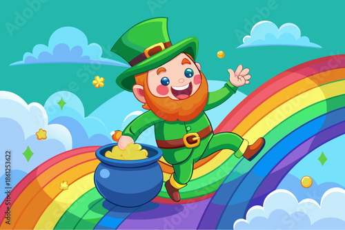 Happy cartoon leprechaun walking on a rainbow with a pot of gold in a whimsical sky full of clouds and sparkles