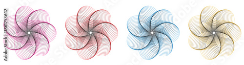 Flower spinner icon set. Colorful abstract swirl vector collection. Floral spiral shapes isolated on white background. Modern graphic design elements. Decorative propeller icons. Vector illustration.