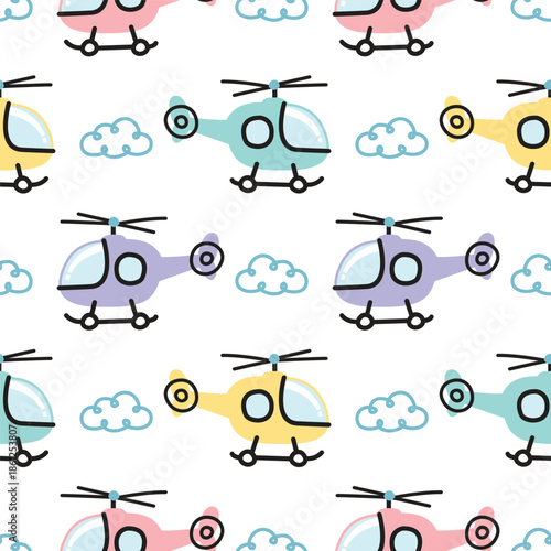 Cute Pastel Helicopters and Clouds Seamless Pattern