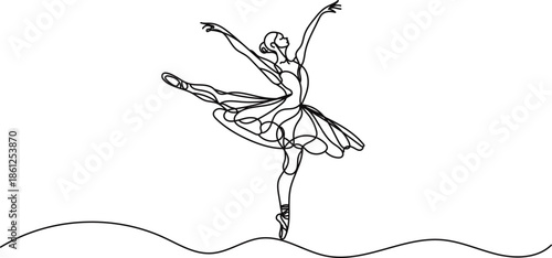 Continuous line ballerina dance. Elegant continuous line illustration of a ballerina dancing on pointe. Dance, art, beauty and modern design projects.
