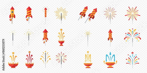 Set of colorful firework rockets, sparklers, and fountains for celebrations and festive occasions.