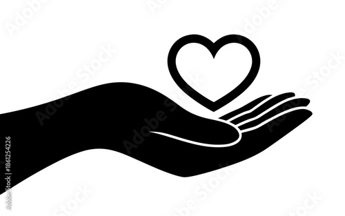 Vector icon silhouette of a hand with a heart, palm holding a heart, symbol of care, love, and charity, isolated on a transparent background