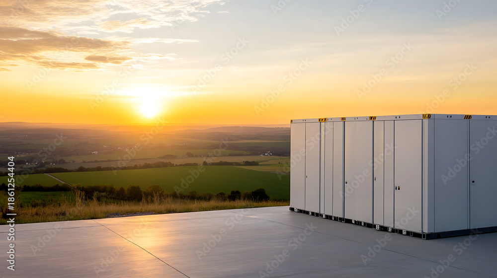 Obraz premium A row of storage units basks in the warm glow of the setting sun, overlooking a picturesque landscape of rolling hills and green fields, creating a peaceful and serene scene.