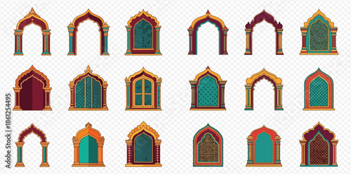 Set of beautiful Arabian arch windows and doors with intricate Islamic patterns and ornate frames.