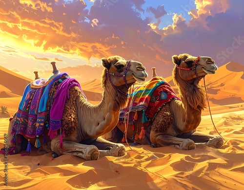 Two camels adorned with colorful textiles rest in a sun-drenched desert landscape with rolling dunes under a vibrant sky