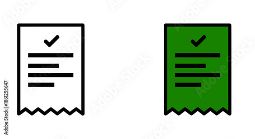 Set of two stylized receipt icons one white and one green both featuring a clear checkmark indicating successful payment or transaction completion on transparent background