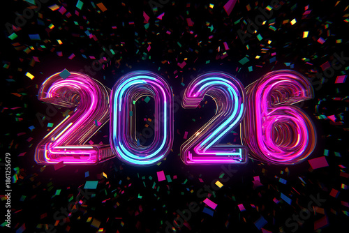 Neon 2026 New Year Numbers with Colorful Confetti on Black Background